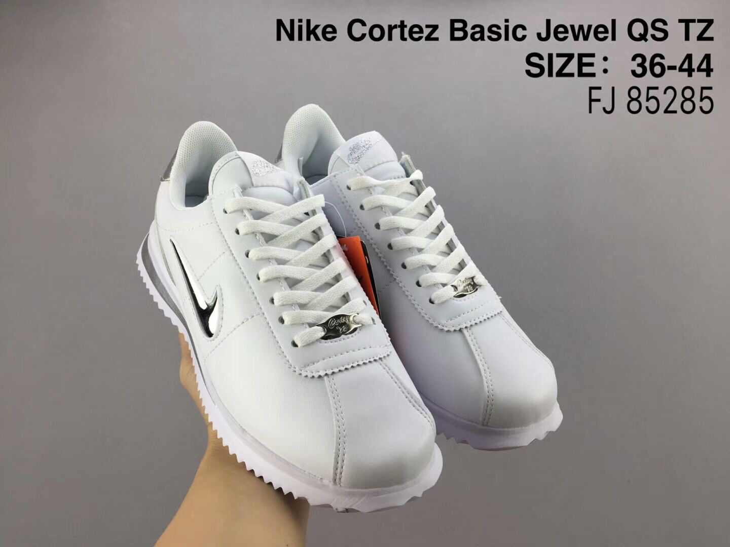 Women NiKe Cortez Basic Jewel QS TZ White Silver Shoes - Click Image to Close